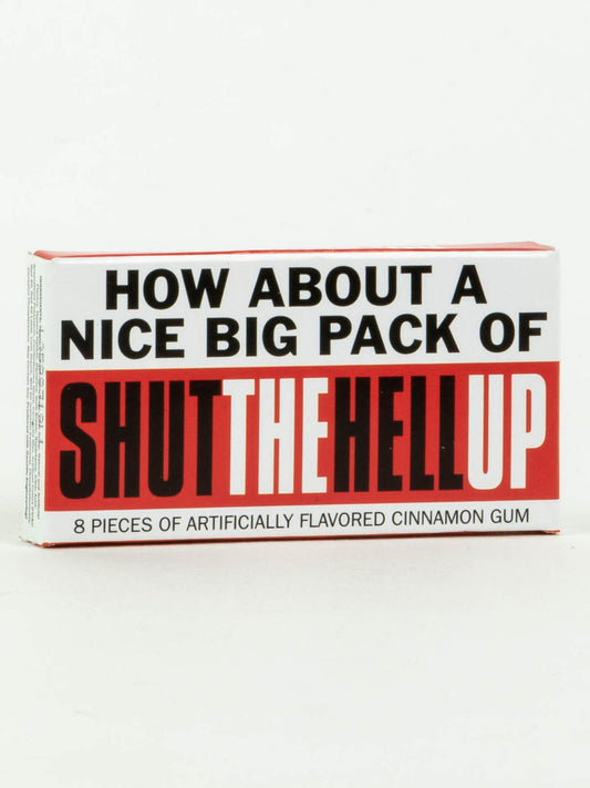 Blue Q’s Shut The Hell Up Gum is a funny novelty pack with bold black and red lettering reading “How about a nice big pack of SHUT THE HELL UP.” Includes 8 pieces of artificially flavored cinnamon gum.