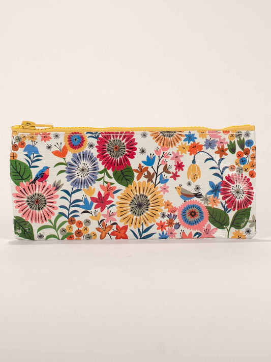 The Blue Q Flower Field Pencil Case features a rectangular shape, a yellow zipper, and a colorful floral, leaf, and bird pattern on a white background.