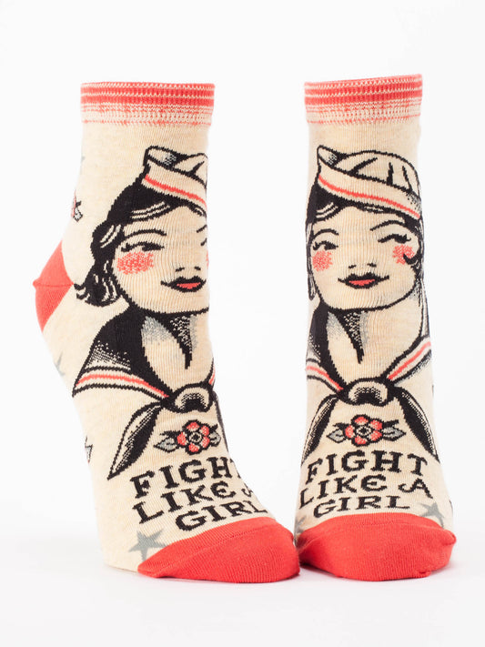 Blue Q’s Fight Like A Girl W-Ankle Socks feature a vintage sailor girl and the phrase "FIGHT LIKE A GIRL." Made from combed cotton, these women’s socks have bold red heels, toes, and cuffs.