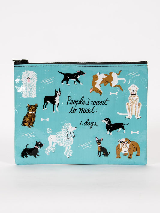 The Blue Q People I Want To Meet: Dogs Zipper Pouch is a blue bag with dog breed illustrations, playful bone motifs, and the humorous text “People I want to meet: 1. dogs”—a fun gift for introverted dog lovers.
