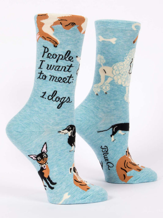 Blue Q’s People I Want To Meet: Dogs W-Crew Socks feature playful pups, bone patterns, and the text “People I want to meet: 1. dogs.” These cute light blue socks are the perfect funny gift for dog lovers!.