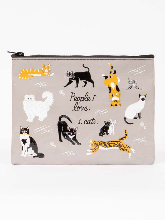 The Blue Q People I Love: Cats Zipper Pouch features cat breed illustrations and the phrase “People I love: 1. cats” on a light grey background.