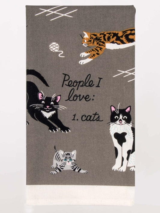 The Blue Q People I Love: Cats Dish Towel is a gray towel with four playful cat illustrations and the text, "People I love: 1. cats." Perfect for cat lovers to add charm to their home or kitchen.