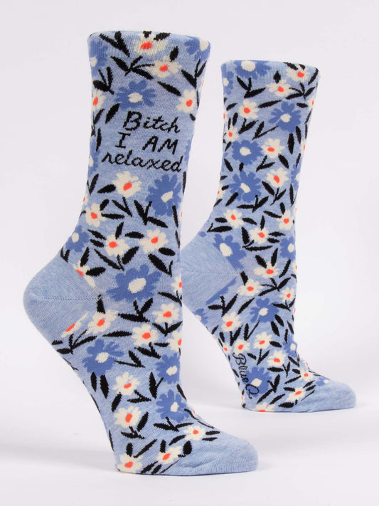 Blue Q’s Bitch I AM Relaxed W-Crew Socks feature a blue floral design with the phrase “Bitch I AM relaxed” on the side—perfect for adding comfort and attitude to your wardrobe.