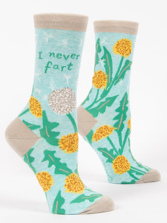 Blue Q's I Never Fart W-Crew Socks are made from soft combed cotton, with light blue fabric, beige heels and toes, yellow dandelions, and the funny "I never fart" phrase near the top.