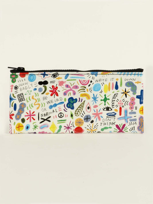 The Blue Q Doodle Party Pencil Case is a rectangular zippered pouch featuring colorful party-style doodles, symbols, and handwritten phrases like “DRAW BADLY,” “DON’T THINK,” and more on a white background.