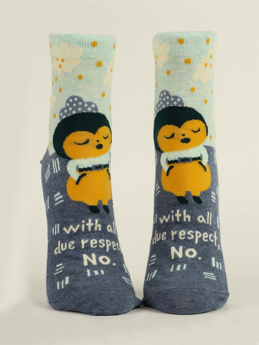Blue Q's "With All Due Respect, No." W-Ankle Socks feature a cartoon woman with closed eyes, arms crossed, and a bow on light blue spandex with scattered designs, plus the quote: "With all due respect, No.