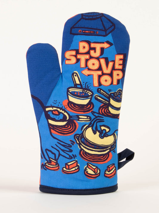 The Blue Q DJ Stovetop Oven Mitt features vibrant illustrations of pots, pans, and food with bold "DJ Stove Top" lettering—a fun and practical gift for any cooking enthusiast or your best friend’s birthday.