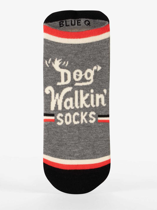 Gray cushioned Dog Walkin' Sneaker Socks with black, white, and red stripes. Features a dog silhouette, playful "Dog Walkin' Socks" text, and Blue Q branding at the top for comfort and style.