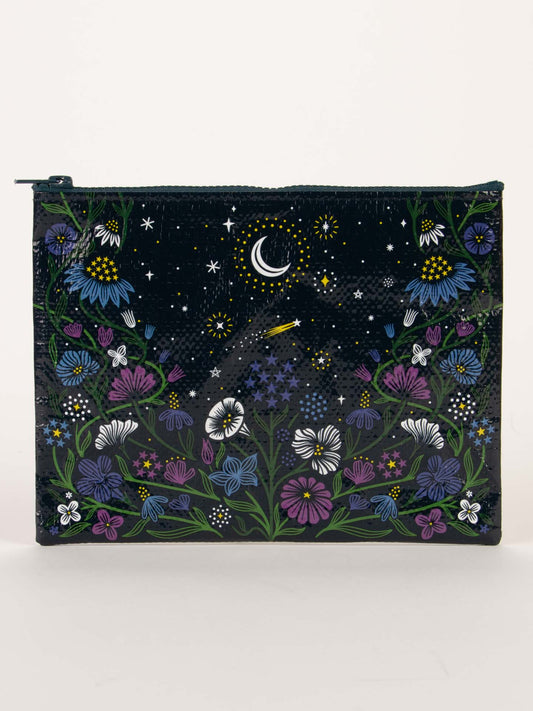 The Blue Q Starry Garden Zipper Pouch features colorful nighttime blooms along the bottom and sides, with a dark sky above accented by a crescent moon, stars, and a shooting star.