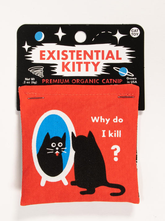 The Blue Q Existential Kitty Catnip Toy is a red pouch with a black cat gazing in a mirror and the words "Why do I kill?" on the front. Its space-themed packaging includes premium organic catnip for healthy play.