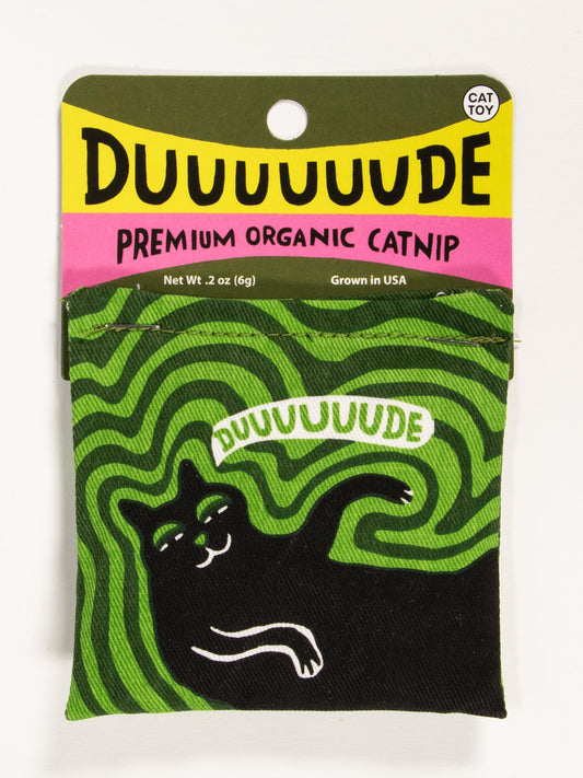 The Blue Q Duuuuuude Catnip Toy features a relaxed black cat on a green psychedelic background. Grown in the USA, this premium organic catnip toy encourages healthy play for your cat. Net weight: 0.2 oz.