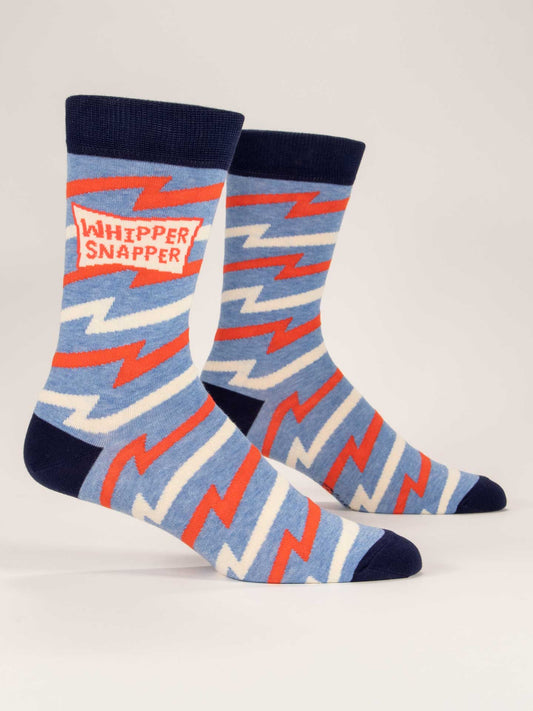 Blue Q Whippersnapper M-Crew Socks: blue combed cotton crew socks with navy toes, heels, and cuffs, red and white zigzag design, and “Whipper Snapper” patch on the sides.