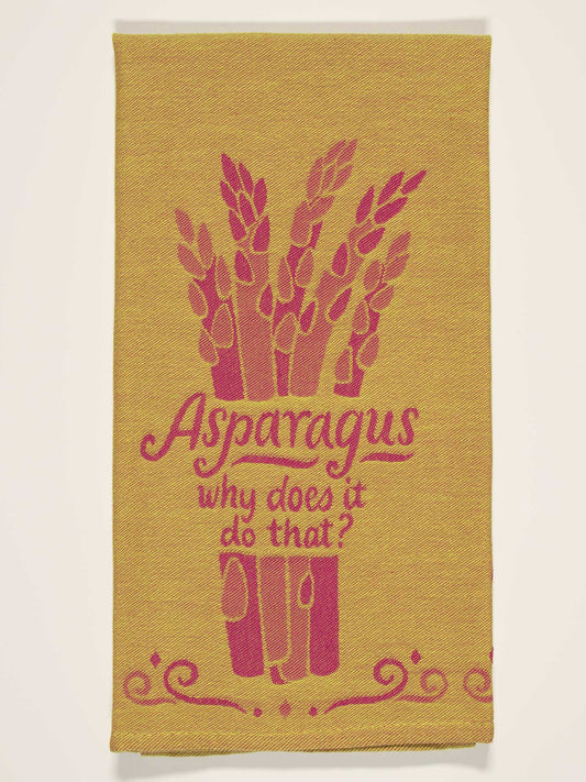 The Blue Q "Asparagus. Why Does It Do That?" Dish Towel features a pink asparagus illustration and quirky text on yellow—perfect for adding humor and curiosity to your kitchen.