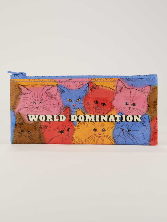 The Blue Q World Domination Pencil Case features illustrated cats with mischievous eyes in various colors and "WORLD DOMINATION" in bold white letters—a perfect pouch for anyone ready to scheme in style.