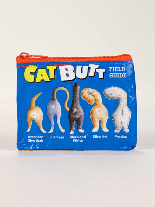 The Blue Q Cat Butt Coin Purse is a blue zippered pouch with whimsical cat butt drawings—American Shorthair, Siamese, Black and White, Siberian, and Persian—perfect for fans of quirky style.