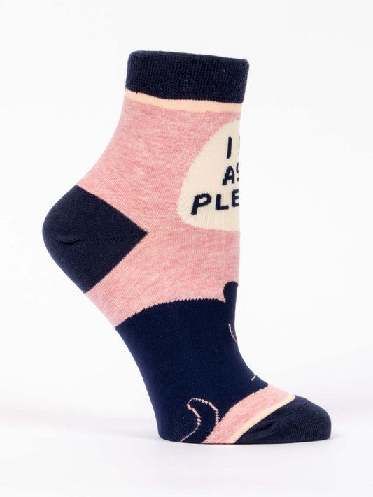 Blue Q’s “I Do As I Please” ankle sock is crafted from combed cotton with a pink and navy color block design and a playful speech bubble reading “I ASK PLE”—cute, comfy, and perfect for showing off your unique style!.