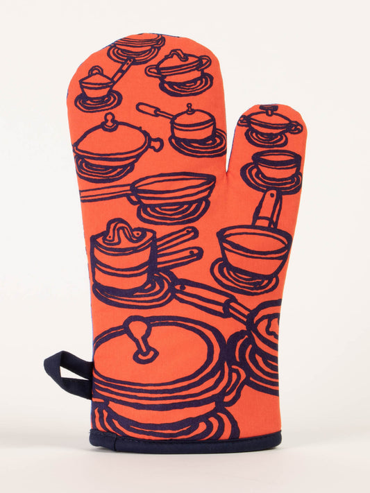 The Blue Q DJ Stovetop Oven Mitt features dark blue pot and pan illustrations on orange, with a handy loop for hanging—great for gifting to cooking enthusiasts or as a fun birthday present.
