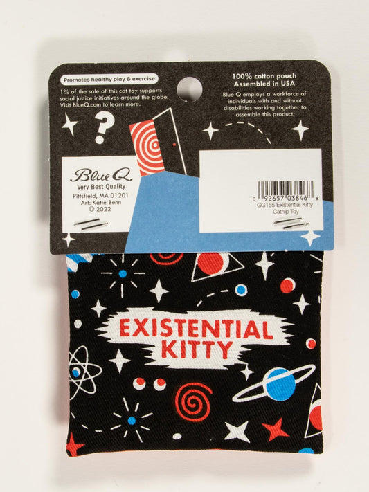 Blue Q’s Existential Kitty Catnip Toy comes in a black package with red, white, and blue space-themed designs—stars, planets, and atomic symbols—and showcases a healthy play catnip toy at the top.