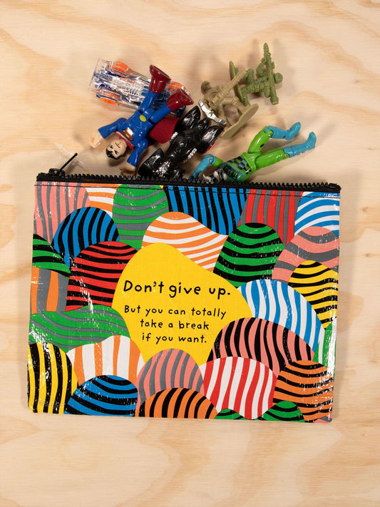 The Blue Q Don't Give Up. But You Can Totally Take A Break If You Want. Zipper Pouch features a vibrant abstract stripe design—ideal for brightening up library decor or pairing with motivational posters.