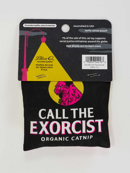 The Call The Exorcist Catnip Toy by Blue Q is a black 100% cotton pouch with a pink cat graphic, filled with organic catnip. Assembled in the USA, this toy supports social justice initiatives.