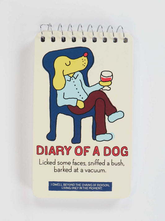 A cartoon dog relaxes in a chair with a drink. Below, text reads: DIARY OF A DOG: Licked some faces, sniffed a bush, barked at a vacuum. A blue box says, I dwell beyond the chains of reason, living only in the moment. By Blue Q. 3x5 Spiral Notebook.