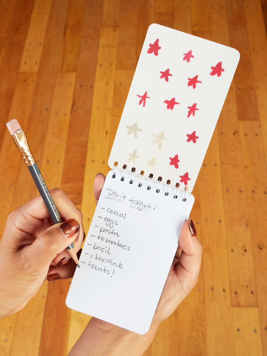 A person uses the Blue Q "When I Go, I Want To Be Remembered For My Grocery Lists" 3x5 spiral notebook to jot down groceries like cereal, eggs, and basil. The top page features red bird designs above a wooden floor background.