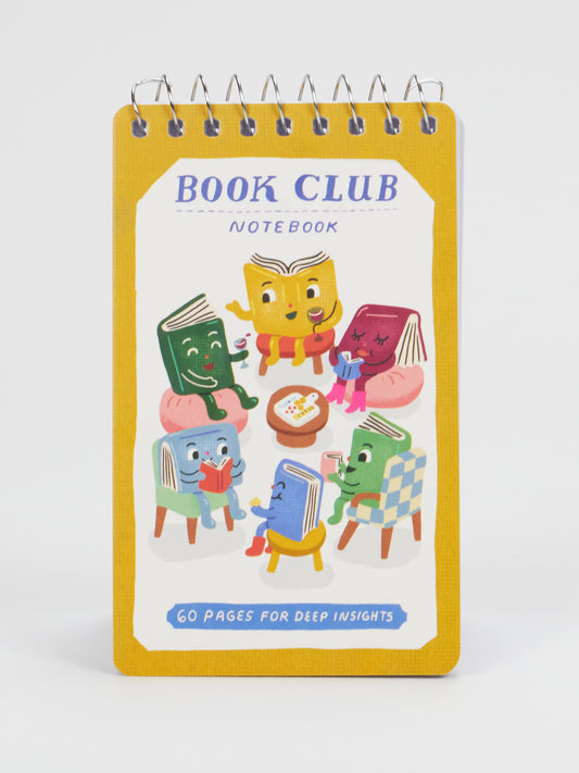 A cheerful yellow Blue Q Book Club 3x5 Spiral Notebook cover shows cartoon books with faces animatedly chatting in chairs around a table filled with snacks and a glass of wine. The cover reads “BOOK CLUB NOTEBOOK” and contains 60 pages for your deepest book club insights.
