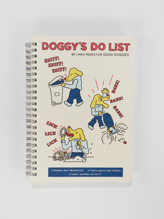The Blue Q Doggy Do List 6x8 Spiral Notebook features cartoon dogs sniffing a trash can, barking at a fire hydrant, and licking a bone, with playful sound effects and a doggy chore checklist at the bottom.
