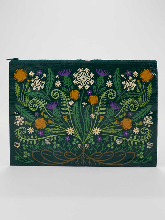 The Wild Bloom Jumbo Pouch by Blue Q is a dark green pouch with a vibrant, symmetrical floral design—ideal for storing loose papers and made from recycled materials.