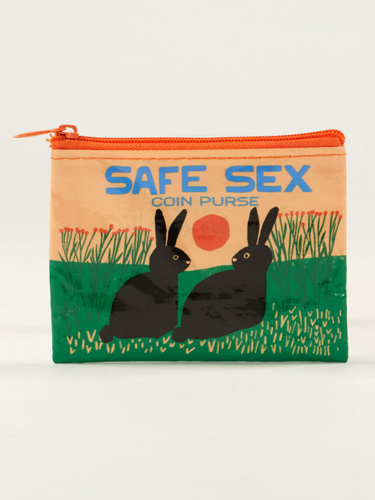 The Blue Q Safe Sex Coin Purse is a small bag with an orange zipper, showing two black rabbits in grass under a sunset and "SAFE SEX COIN PURSE" printed in bold blue letters.