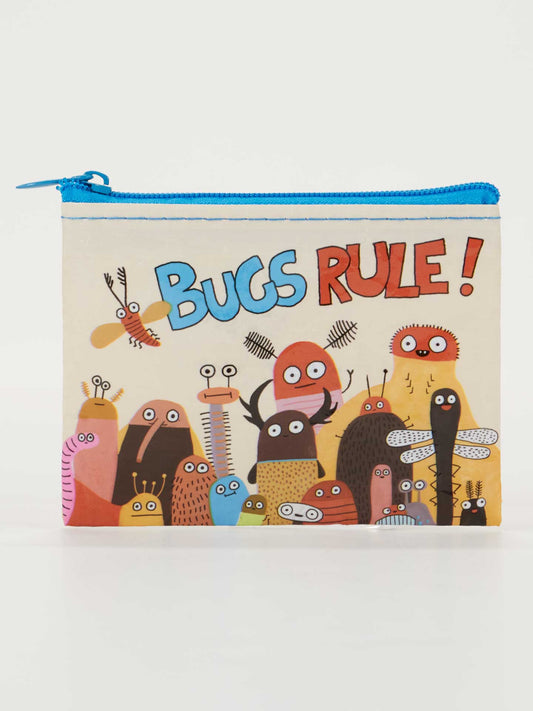 The Blue Q Bugs Rule! Coin Purse is a small pouch with a blue zipper, decorated with colorful cartoon insects and “BUGS RULE!” in bold, playful letters on the front.