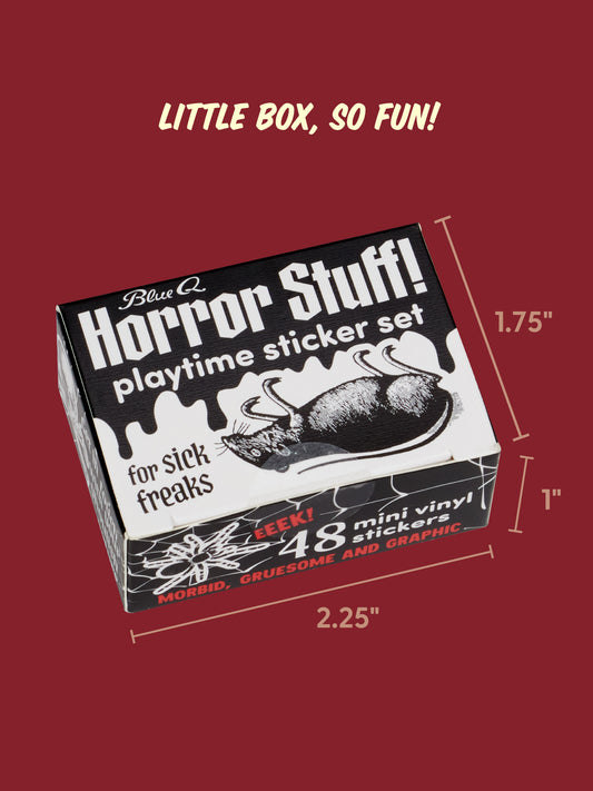 A small, rectangular Horror Stuff Playtime Sticker Set box featuring a morbid illustration of a dead rat, measuring 2.25 inches by 1.75 inches by 1 inch.