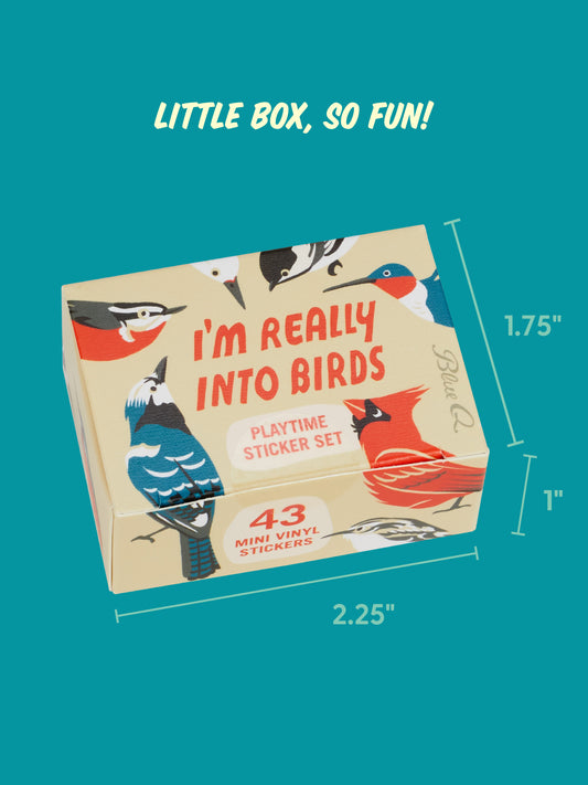 I’m Really Into Birds Playtime Sticker Set, a small box of good news featuring illustrations of various birds, containing 43 mini vinyl stickers.