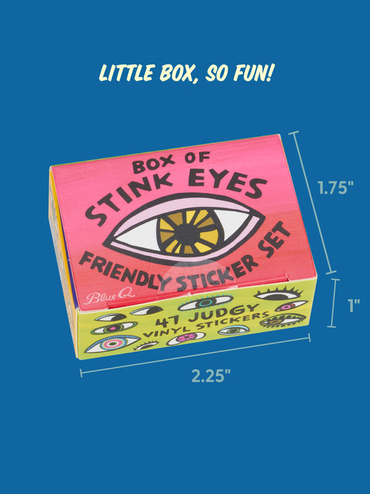 Blue Q Box Of Stink Eyes Friendly Sticker Set, a 2.25 by 1.75 by 1-inch rectangular box containing 47 vinyl stickers featuring a large eye illustration.
