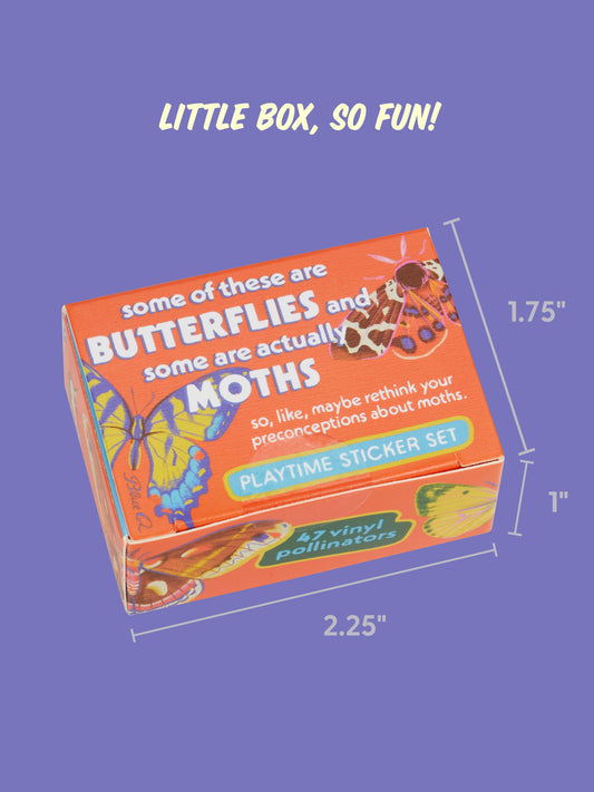 Small orange box of Some Of These Are Butterflies And Some Are Actually Moths Playtime Sticker Set with measurements labeled on the side.