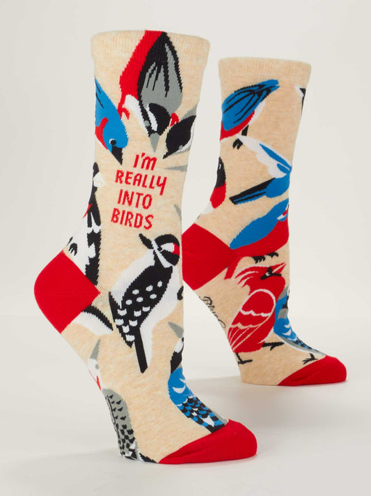 Blue Q's "I'm Really Into Birds" W-Crew Socks feature beige combed cotton with red toes and heels, colorful bird designs, and the text IM REALLY INTO BIRDS—a fun gift for any bird lover.