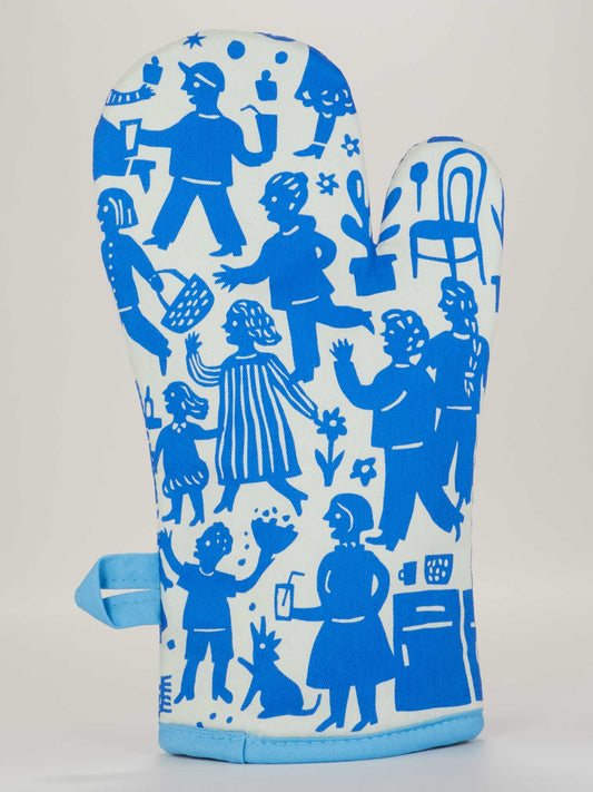 The "Party's In The Kitchen! Oven Mitt" by Blue Q features blue illustrations of people, plants, and household items on white, plus a blue hanging loop—perfect as kitchen decor or a fun accent for your next party.
