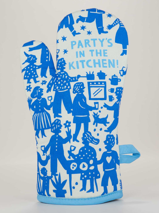 The Blue Q Party's In The Kitchen! Oven Mitt is a blue and white mitt with lively illustrations of people celebrating in a kitchen and "PARTY'S IN THE KITCHEN!" printed at the top—perfect for fun kitchen decor.