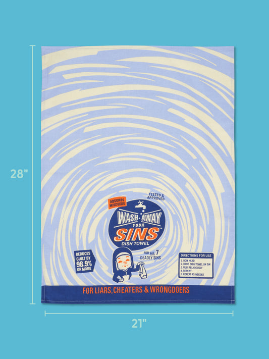 The Blue Q Wash Away Your Sins Dish Towel is a super-absorbent kitchen towel featuring blue and cream swirls and a playful label. Made from unbleached cotton, it measures 28 x 21 inches and cheekily claims to absorb mistakes and reduce guilt. The towel includes directions for use alongside a cartoon of someone scrubbing away.