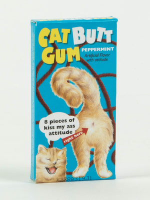 Blue Q’s Cat Butt Gum is a peppermint gift box with a fluffy cat’s rear and a grinning cartoon, featuring the text “8 pieces of kiss my ass attitude”—the perfect sassy candy for cat lovers.