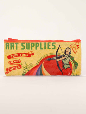 The Blue Q Art Supplies Pencil Case is rectangular with a red zipper, features “ART SUPPLIES,” a vintage woman archer, rainbow colors, and the phrase “FEED YOUR CREATIVE JUICES.”.