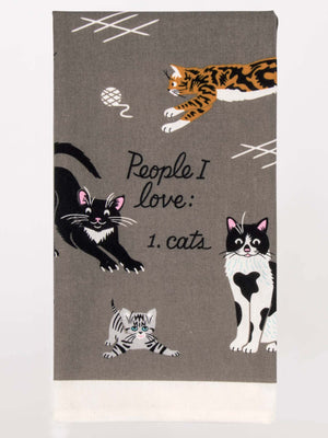 The Blue Q People I Love: Cats Dish Towel is a gray towel with four playful cat illustrations and the text, "People I love: 1. cats." Perfect for cat lovers to add charm to their home or kitchen.
