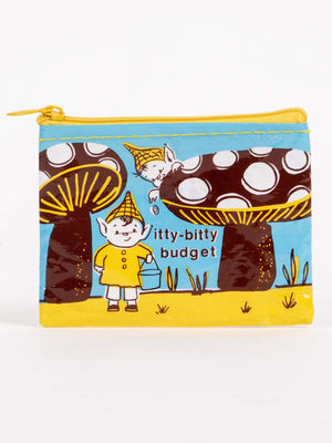 The Blue Q Itty-Bitty Budget Coin Purse features cartoon elves in yellow hats, spotted mushrooms, and “itty-bitty budget” text on a cheerful blue and yellow zippered pouch.