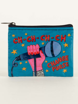 The Blue Q Ch-Ch-Ch-Ch Change Purse Coin Purse is a blue wallet featuring a cartoon hand with a microphone, yellow stars, and the text “CH-CH-CH-CH” above and “CHANGE PURSE” beside—a fun, quirky spot for your essentials.