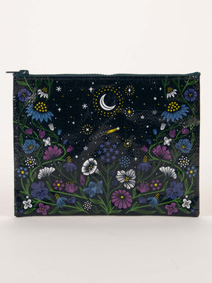 The Blue Q Starry Garden Zipper Pouch features colorful nighttime blooms along the bottom and sides, with a dark sky above accented by a crescent moon, stars, and a shooting star.