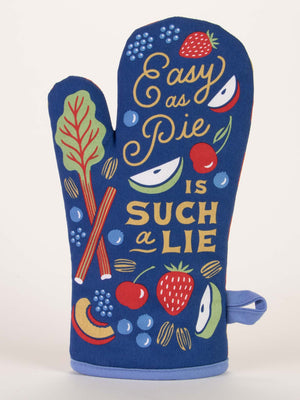 The Easy As Pie Is Such A Lie Oven Mitt by Blue Q features blue fabric with fruit, cinnamon sticks, and colorful lettering—adding easy peasy, lemon squeezy charm to your kitchen.
