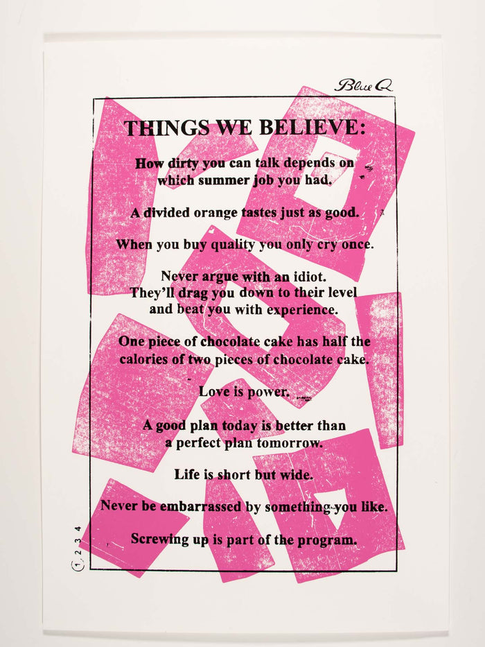 blue q Things We Believe Pink