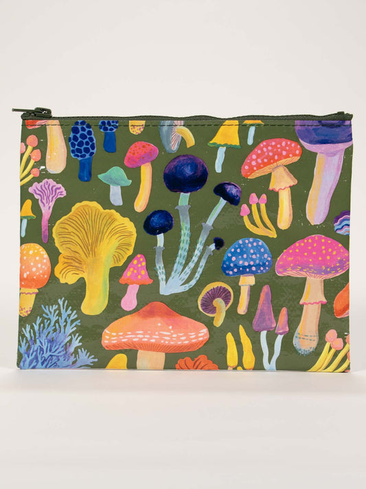 The Blue Q Mushrooms Zipper Pouch features a green background with a whimsical pattern of colorful illustrated mushrooms—perfect as a cute storage container for your essentials.
