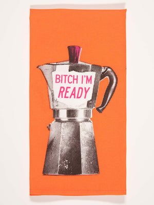 The Blue Q "Bitch I Am Ready" Dish Towel is orange with a black and white moka pot featuring a magenta top and a bold magenta label that reads “BITCH I’M READY”—adding stylish attitude to your morning routine.